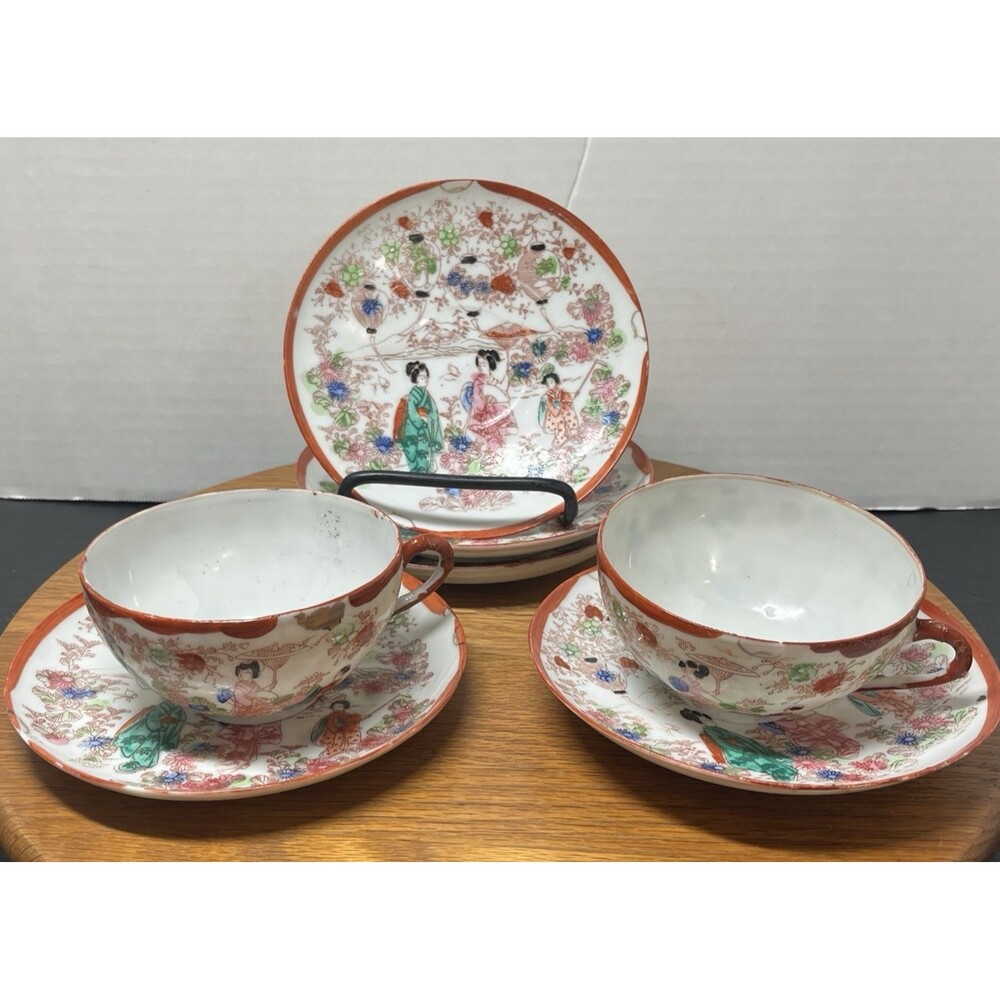 Vtg Lot of 7 Hand Painted Japanese Cups (2) Saucers (5) Geisha Ware / Girl Japan